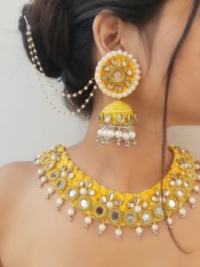 yellow haldi necklace with earrings for bride