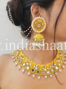 yellow haldi necklace with earrings for bride