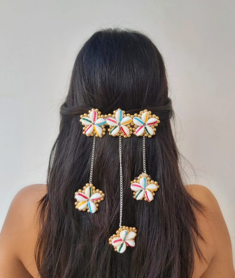 Multicolored Floral Hairclip with Cowrie Hangings